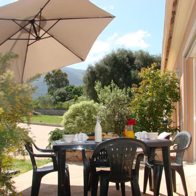 Terrasse ombragée avec table et parasol, vue sur les montagnes