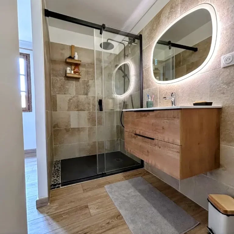 Grande douche vitrée et miroir lumineux