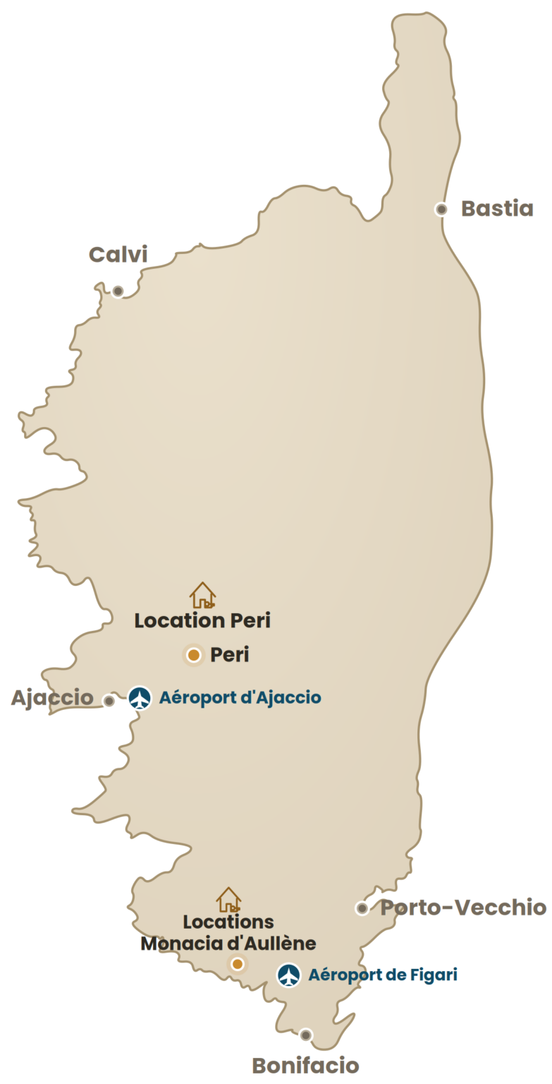 Carte de la Corse situant Monacia d'Aullène, dans le Sud, et Peri, près d'Ajaccio