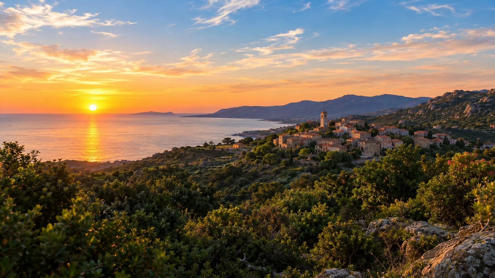 Coucher de soleil sur la mer et village de pierre dominé par un clocher, au-dessus de la mer, dans le Sud de la Corse